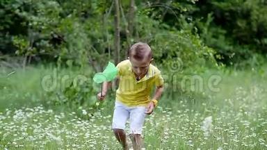 在绿色的洋甘菊草坪上，一个有网的男孩试图捕捉蝴蝶，蚱蜢。 夏天，户外，森林里